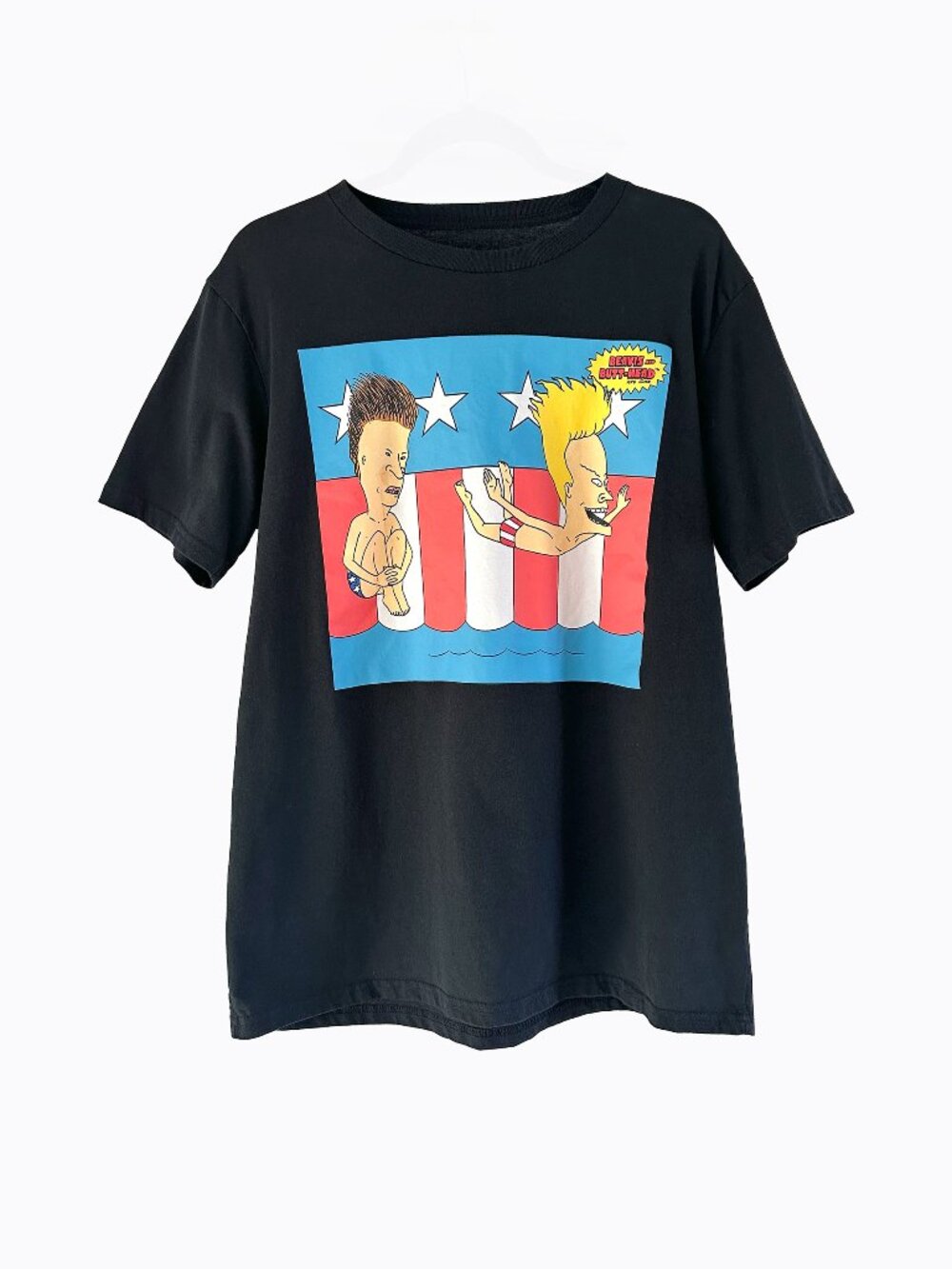 MTV Beavis Butt-Head T-Shirt L Black Patriotic American Flag Graphic 90s Unisex
